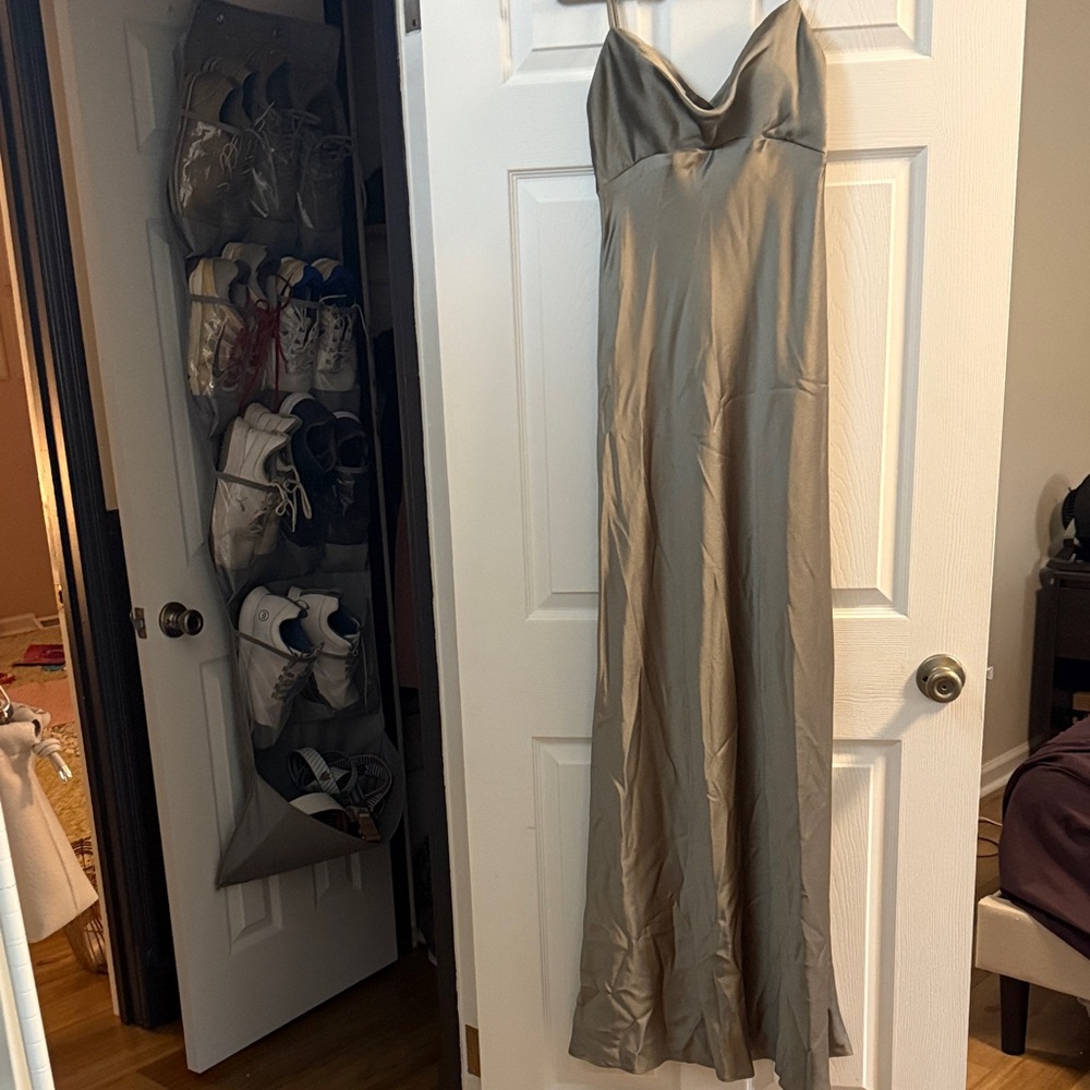 Jenny Yoo Silver Satin Maxi Dress